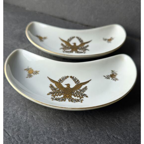 Vintage Crescent Bone Dishes White Porcelain Gold Eagle Federal Style Pair - Picture 3 of 5